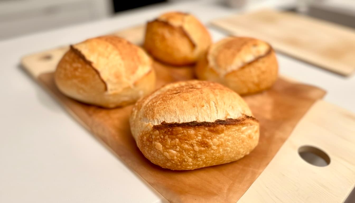 Fresh sourdough loaves on parchment
