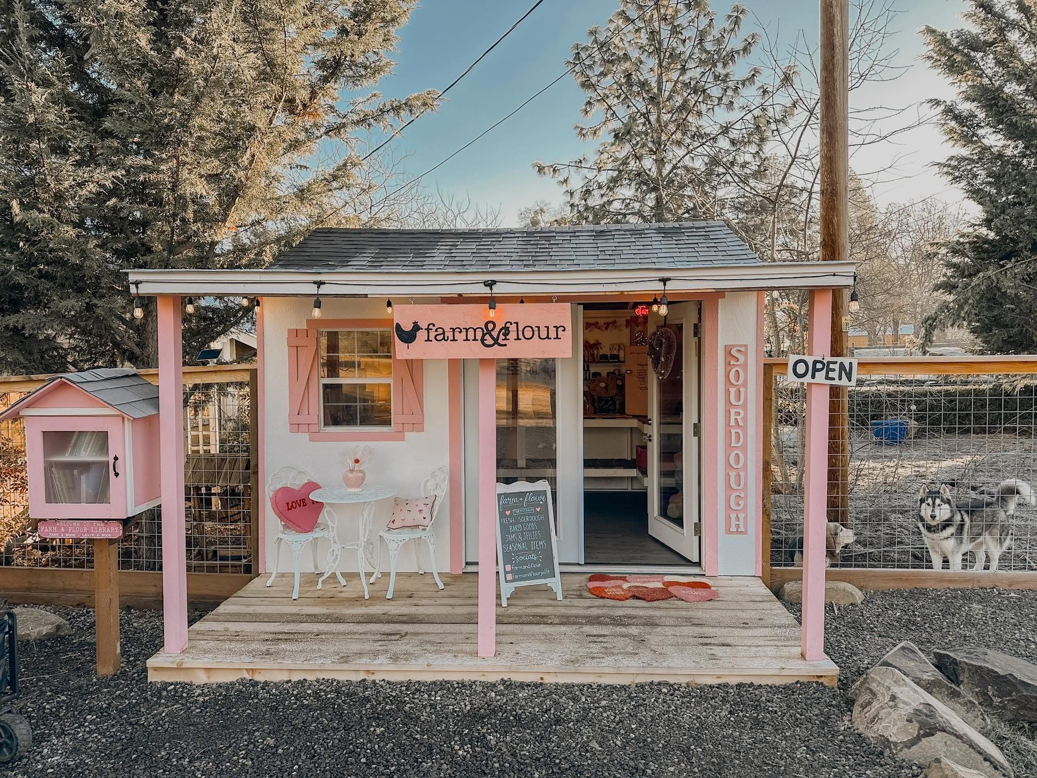 Farm & Flour pink stand stocked with fresh bread